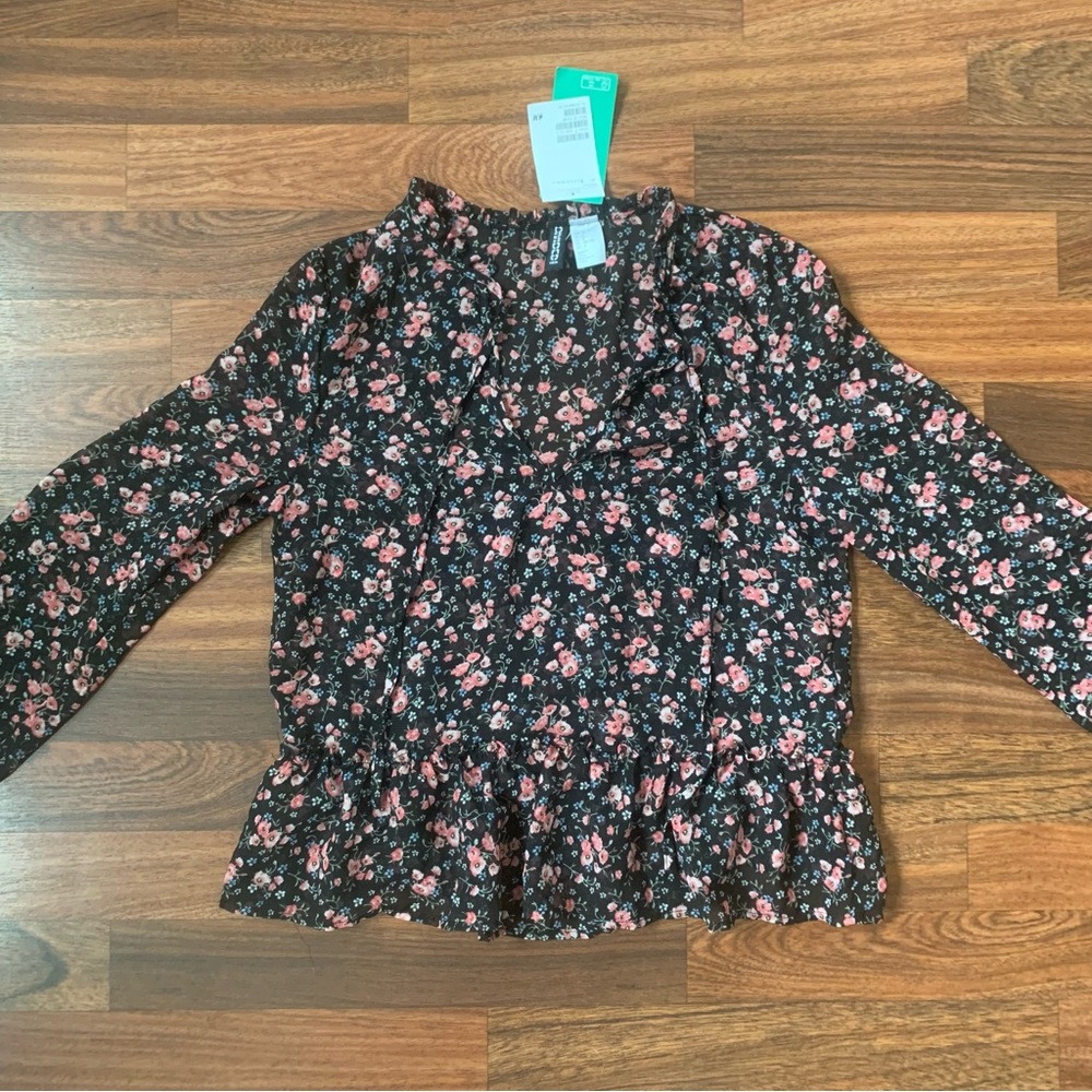 Divided H&M NWT Black Floral Print Sheer Blouse Ruffle Hem Sz 2 Cottagecore Boho